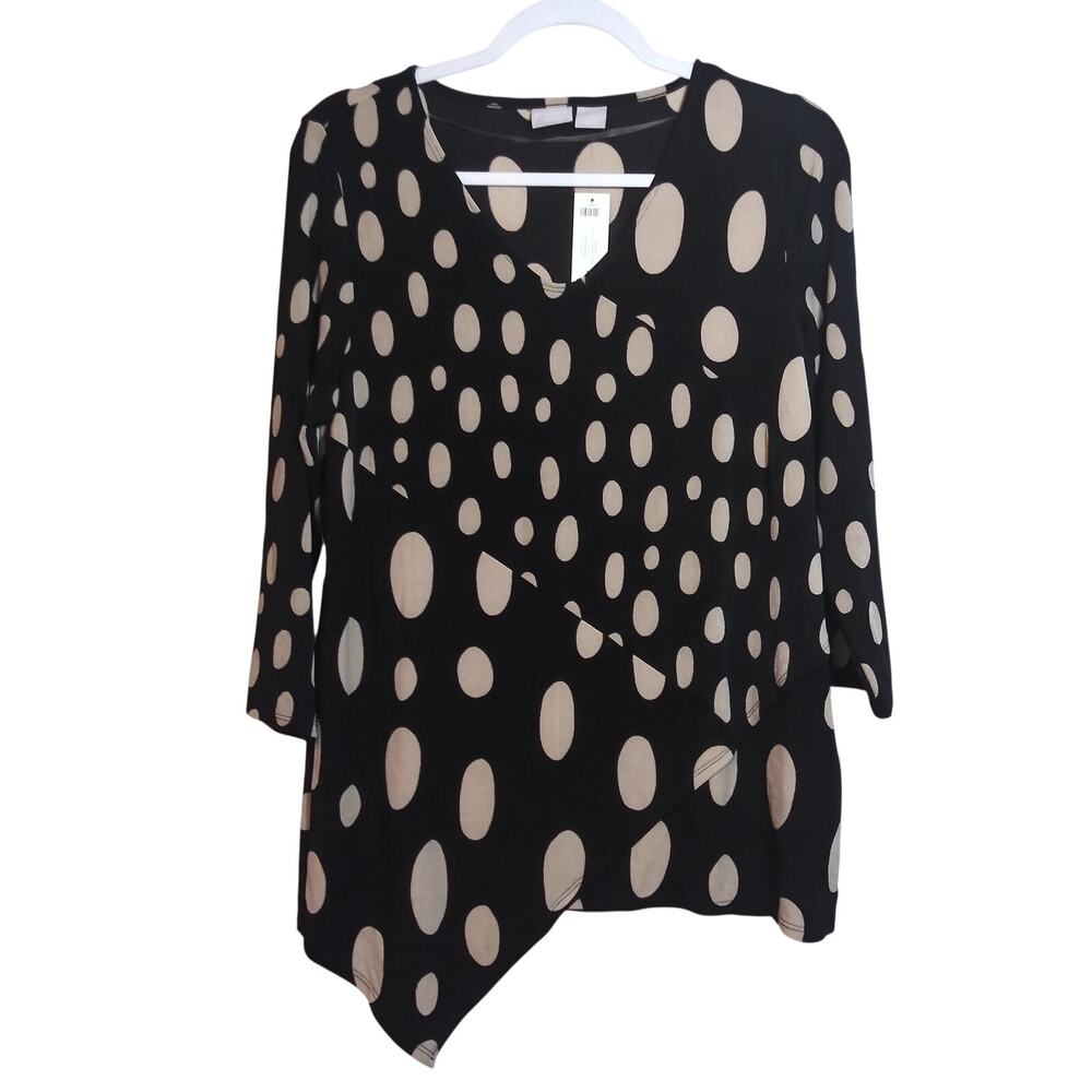 Chicos Travelers Black Polka Dot Spliced Tunic Long Sleeve Top Size 8/10
